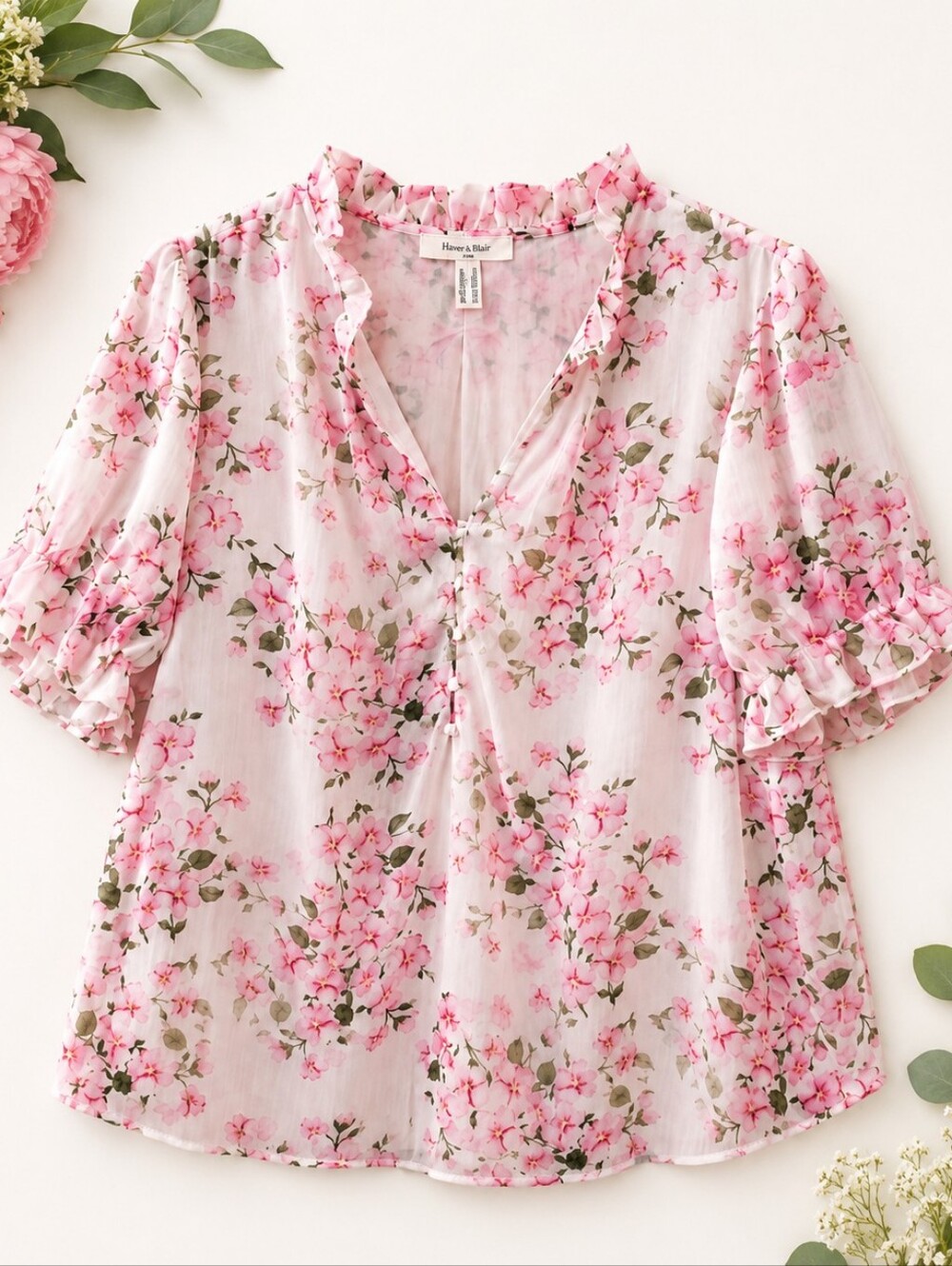 Haver & Blair London 1X Pink Floral Ruffle Neck Puff Sleeve Blouse Cottagecore